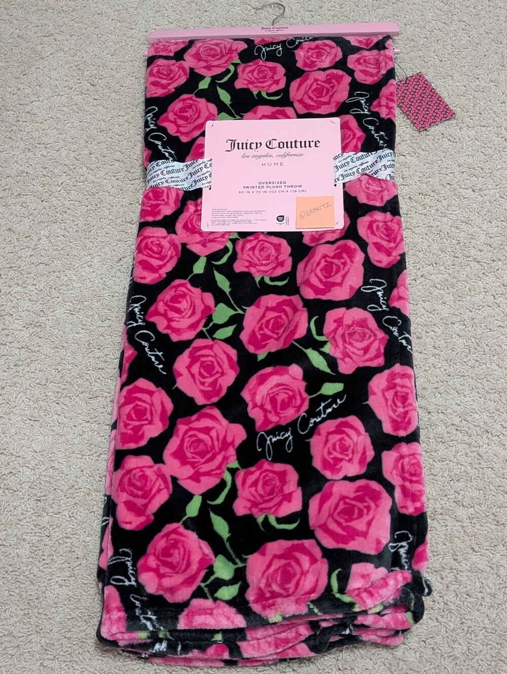 Juicy Couture Oversized Rose Printed Plush Throw 🌹Ultra Soft Glam Home Accent